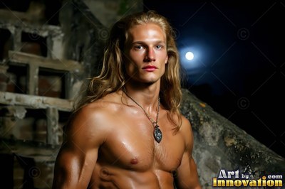 Facing forward, a blond man with no shirt stands outside stone ruins at night
