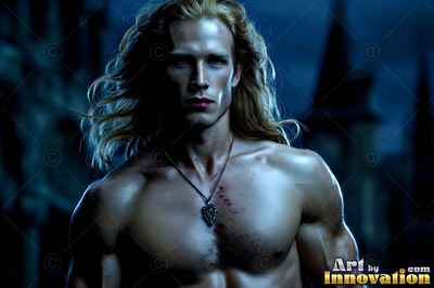 A shirtless man with long blond hair stands outside in the dark blue night