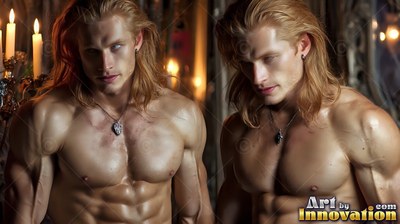 Standing together, two muscular men with long blond hair pose near candlelight