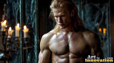 Long blond hair falls on a shirtless muscular man standing by lit candles in a dark hall