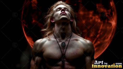 A muscular man tilts his head back against the deep red light of a full moon