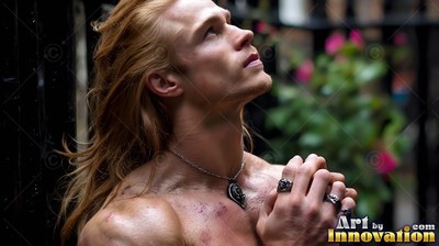 A shirtless blond man clasps his hands and looks up near green leaves