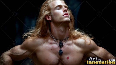 In the dark, a shirtless blond man tilts his head back with eyes closed