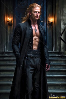 Standing on stone steps, a blond man wears an unfastened black coat with bare chest