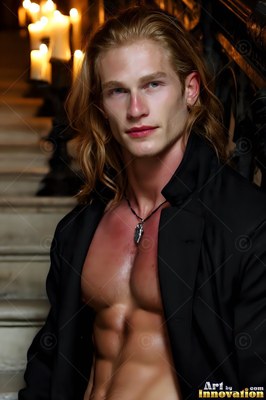 Blond shirtless man in a black coat worn open sits by candlelit stairs