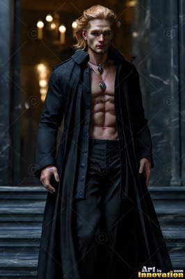 A long open black coat shows a blond man walking down stone steps by soft candlelight