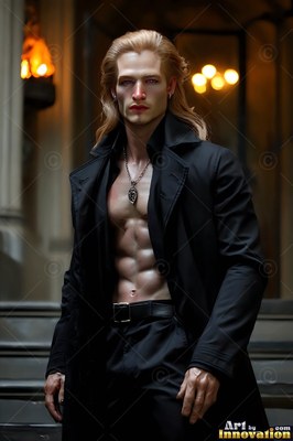 Standing on dark stone steps, a blond man wears an unbuttoned black coat