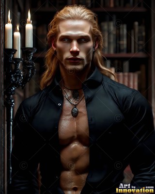 Blond man in an open plain black shirt near candles in a library