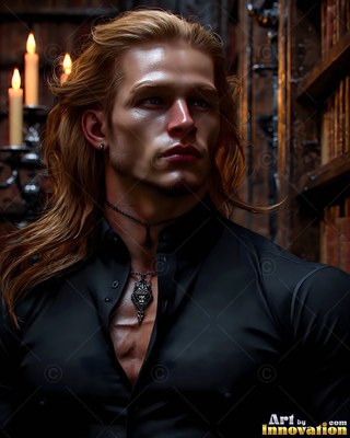 Long copper hair falls over a man in an open black shirt near lit candles in a dark library