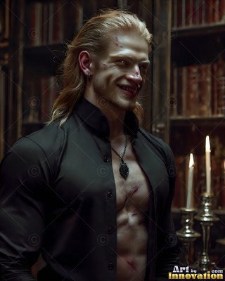A scratched blond man in an open black shirt smiles by candles in a dark library