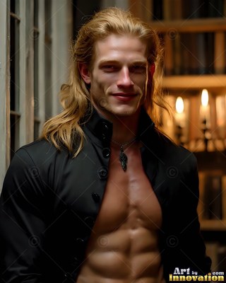 In a dim room, a blond man smiles with a black coat worn open showing his chest
