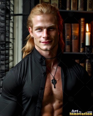 Smiling near bookshelves, a blond man wears an open black shirt beside candlelight