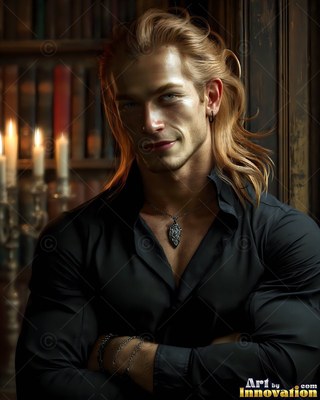 Blond man in a shirt in black smiling by candles in a library