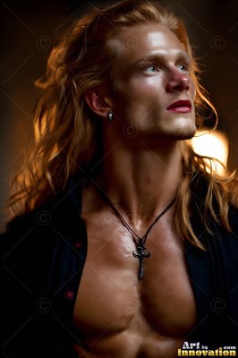Long blond hair frames a bare-chested man wearing a cross pendant in warm light
