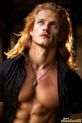 A blond man looks up in an open black shirt with warm light on his long hair