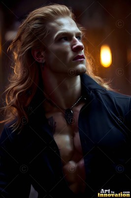 Turned in profile in a dim room, a blond man looks up in warm light