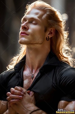 A blond man in a black shirt closes his eyes and clasps his hands in the sunlight