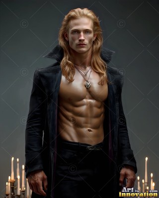 Standing shirtless in an open black coat, a blond man poses near candles