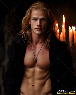 Shirtless blond man in an unbuttoned black coat near candles