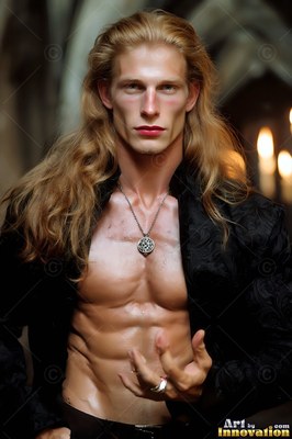 A blond man gestures with his hand wearing an open black-toned shirt near warm candlelight