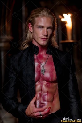 Facing forward in a dark hall, a blond man wears an unfastened black coat over red marks
