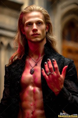 A blond man with an open black jacket looks up, his hand lit with red light