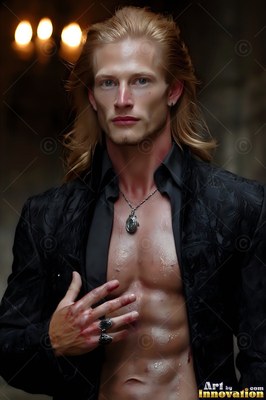 In a dark hall, a blond man poses with an open dark black shirt and blood on his hand