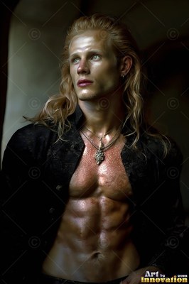 Looking up, a blond man poses in an open black jacket and silver necklaces