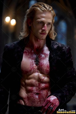 A bare chest smeared with blood, a blond man stands upright in an open black jacket inside a dim hall