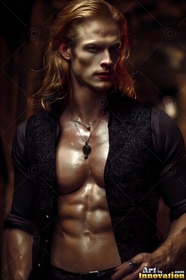 A blond man is standing with an open patterned vest under warm, dim light