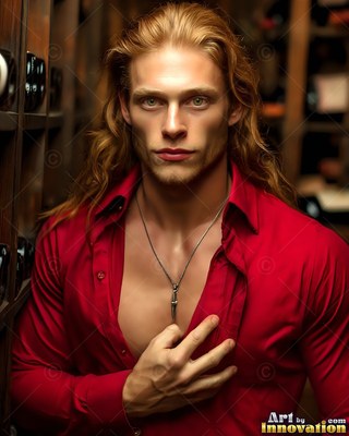 A blond man with long hair touches his open red shirt in a wine cellar