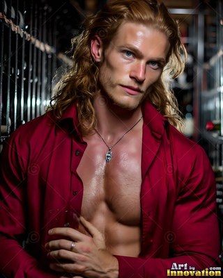 In a dark wine cellar, a blond man poses in an open red shirt