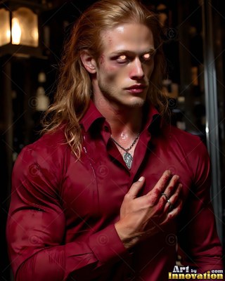 Holding his chest, a blond man in a red button-up shirt stares ahead with bright eyes