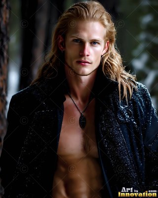 A blond man with an open black coat in the woods