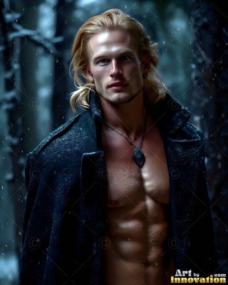 A blond man in an open dark coat stands bare-chested in a snowy forest at dusk