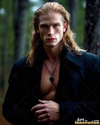 A blond man stands in a dark forest wearing an unbuttoned black coat in soft daylight