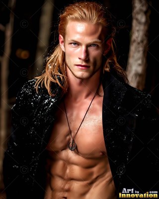 Facing forward in a dark forest, a blond man bare from the waist up wears a black coat worn open