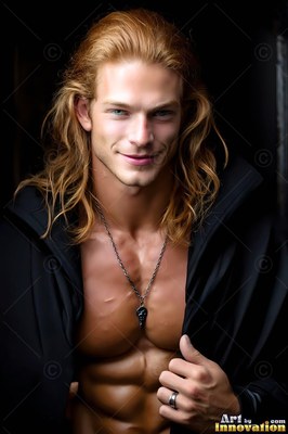 A smiling man with long blond hair pulls open his black cloak in dark light