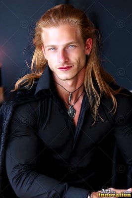 In a dark room, a blond man sits in an open black shirt and cape