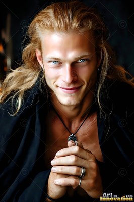 Smiling with clasped hands, a blond man wearing a black coat looks forward
