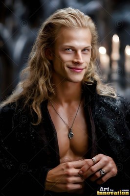Blond man with an open black coat smiles by candlelight