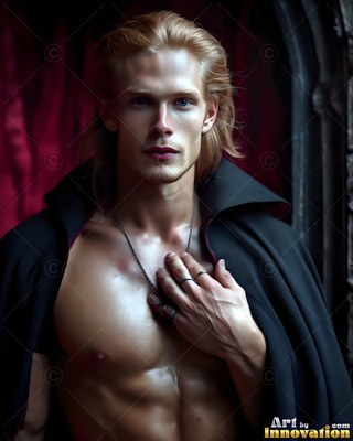 A bare-chested blond man in a high-collared black cape stands before red drapes