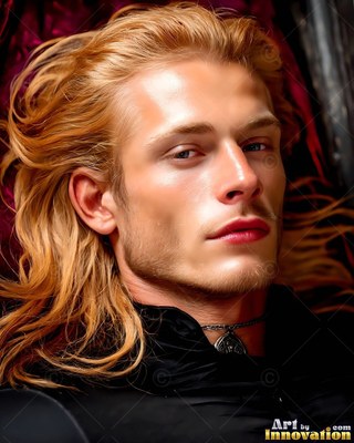 A blond man rests his head back as warm light catches his cheekbone