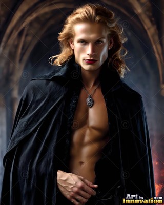Facing forward, a blond man bare from the waist up wears an open black cloak in an archway