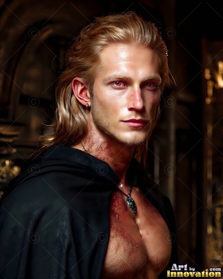 A blond man in a black cloak with red eyes and blood on his neck