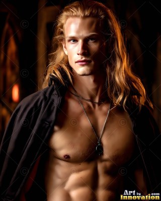 In a dim hall, a shirtless man with long blond hair wears a black coat worn open