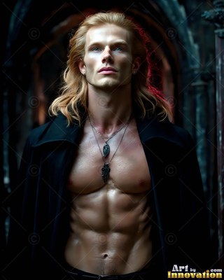 Standing in a dark hall, a blond man with no shirt looks up while wearing a black coat hanging open