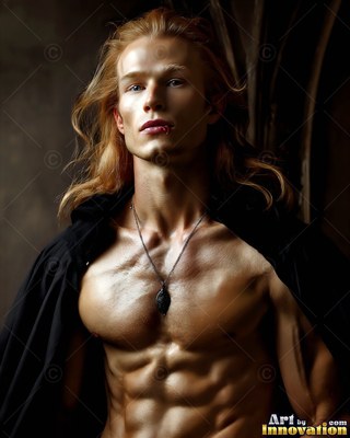 Shirtless blond man wearing an open black cloak