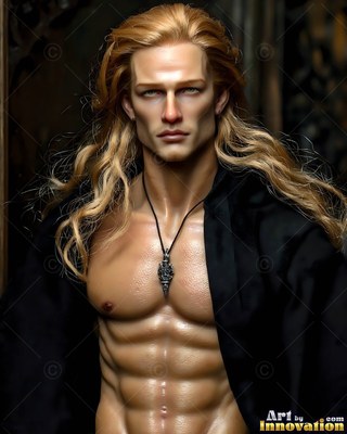 Long blond hair falls over a shirtless man wearing an open black robe in dark shadows