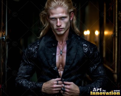 A blond man holds open his black jacket before soft candlelight in the dark